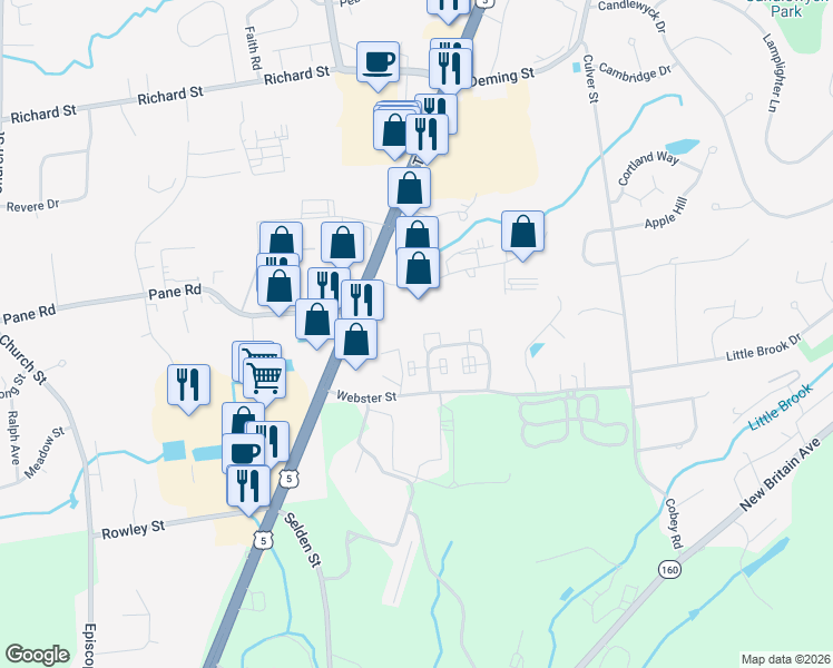 map of restaurants, bars, coffee shops, grocery stores, and more near 58 Webster Court in Newington