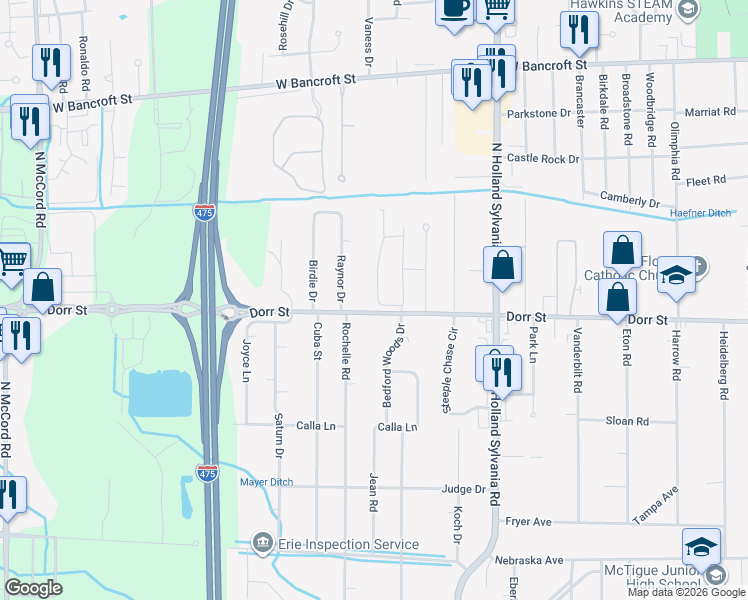map of restaurants, bars, coffee shops, grocery stores, and more near 6139 Dorr Street in Toledo