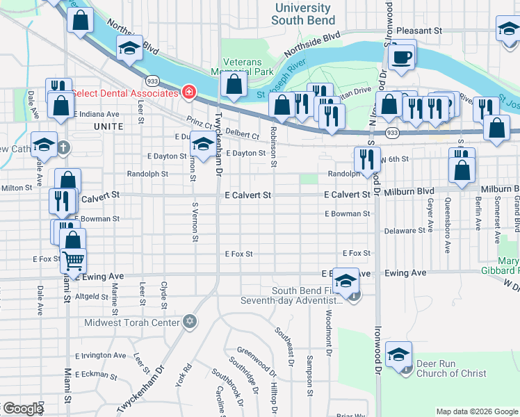 map of restaurants, bars, coffee shops, grocery stores, and more near 1637 East Donald Street in South Bend