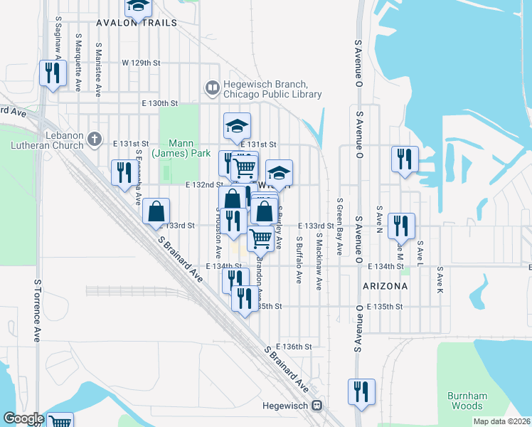 map of restaurants, bars, coffee shops, grocery stores, and more near 13302 South Brandon Avenue in Chicago