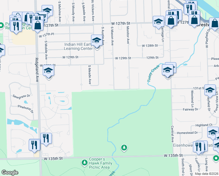 map of restaurants, bars, coffee shops, grocery stores, and more near 13056 South Mason Avenue in Palos Heights