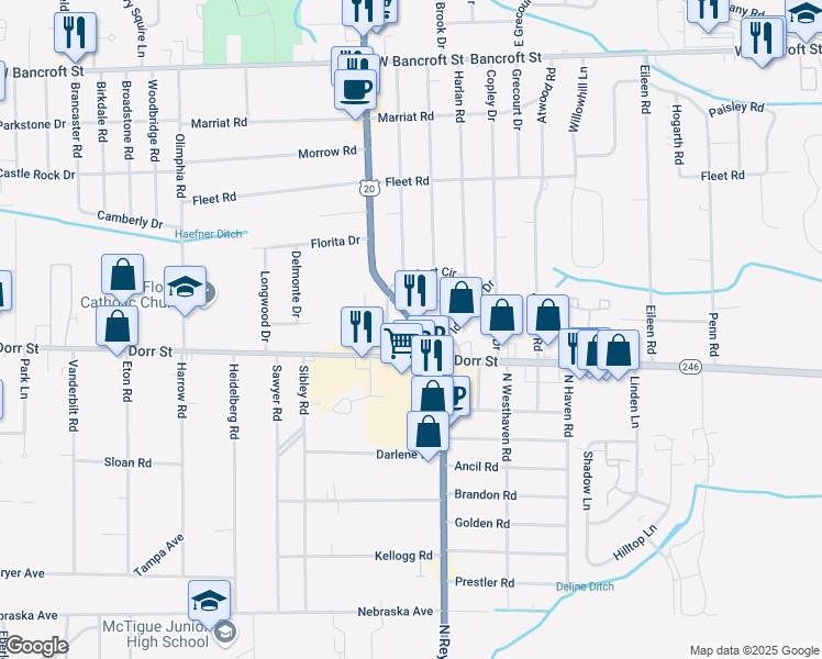 map of restaurants, bars, coffee shops, grocery stores, and more near in Toledo