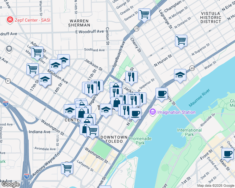 map of restaurants, bars, coffee shops, grocery stores, and more near 619 Adams Street in Toledo