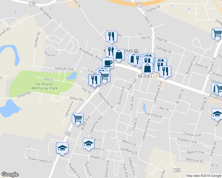 map of restaurants, bars, coffee shops, grocery stores, and more near 22 Wood Avenue in Monticello