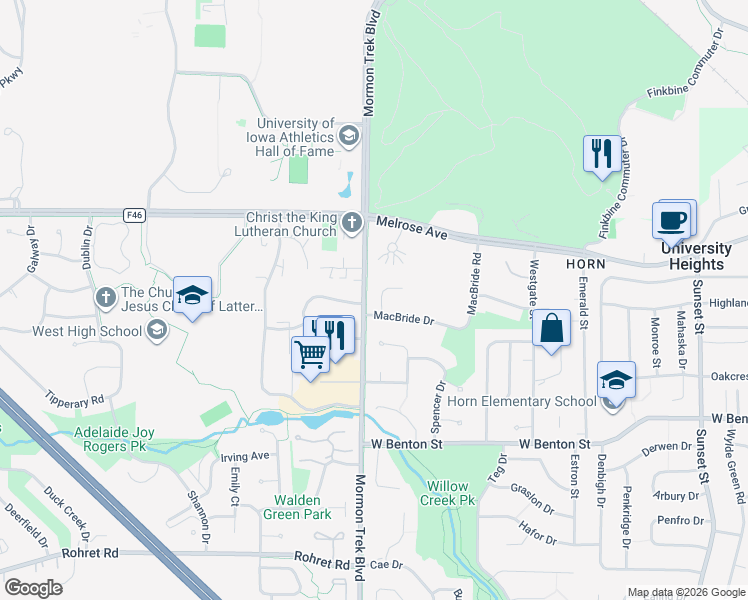map of restaurants, bars, coffee shops, grocery stores, and more near 2345 Jessup Circle in Iowa City