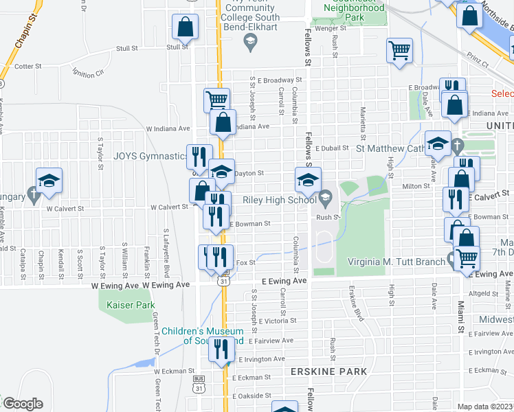 map of restaurants, bars, coffee shops, grocery stores, and more near 202 East Calvert Street in South Bend