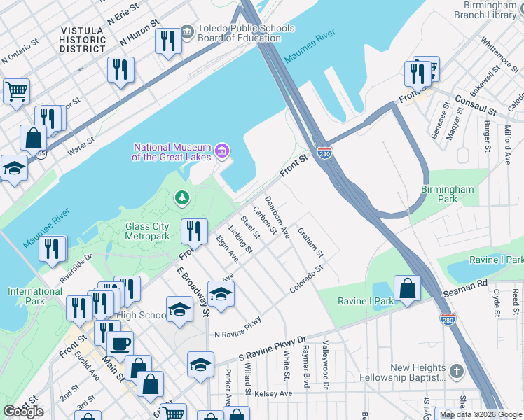 map of restaurants, bars, coffee shops, grocery stores, and more near 1560 Front Street in Toledo