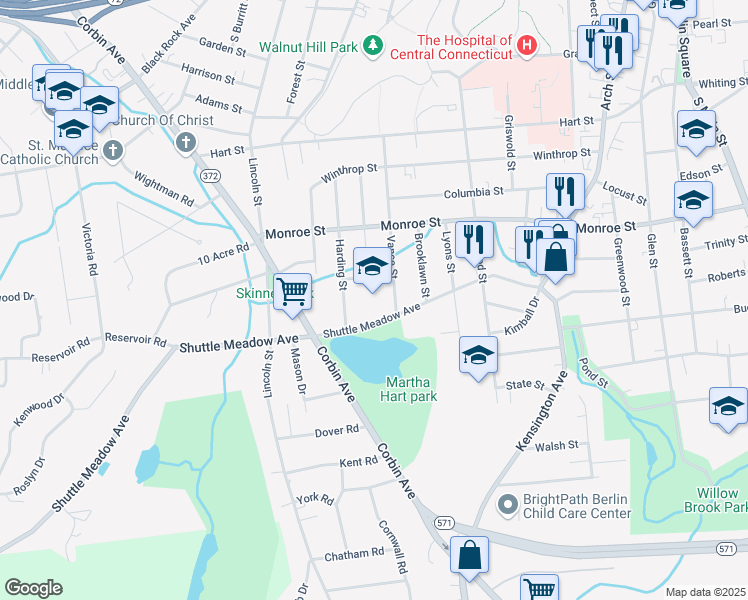 map of restaurants, bars, coffee shops, grocery stores, and more near 183 Vance Street in New Britain