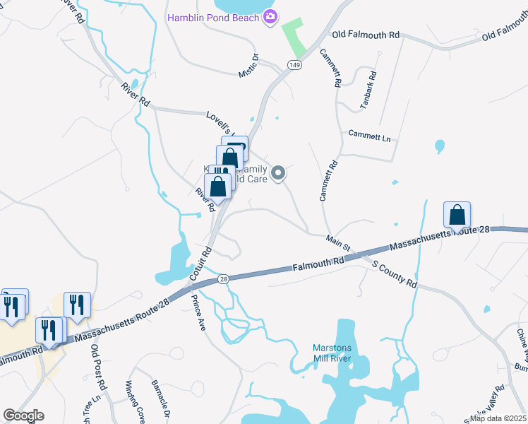 map of restaurants, bars, coffee shops, grocery stores, and more near 2095 Main Street in Barnstable