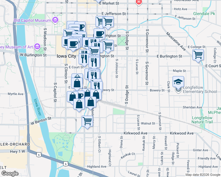 map of restaurants, bars, coffee shops, grocery stores, and more near 516 South Van Buren Street in Iowa City
