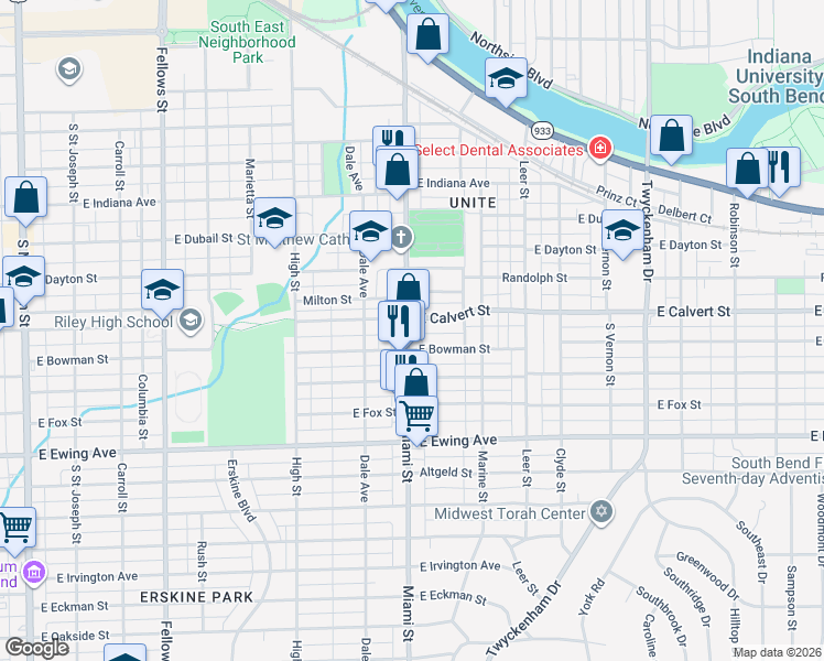 map of restaurants, bars, coffee shops, grocery stores, and more near in South Bend