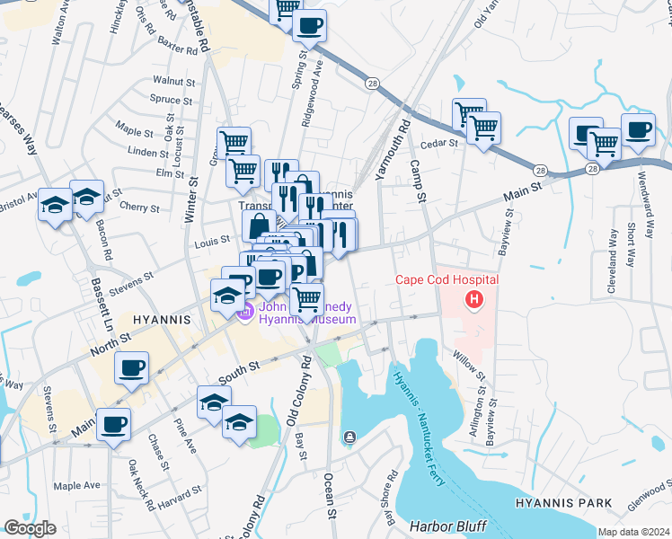 map of restaurants, bars, coffee shops, grocery stores, and more near 242 Main Street in Barnstable