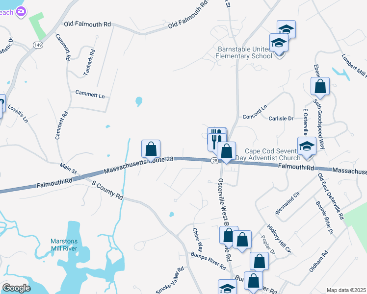 map of restaurants, bars, coffee shops, grocery stores, and more near 3040 Falmouth Road in Barnstable