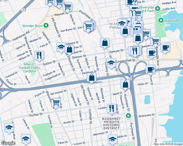 map of restaurants, bars, coffee shops, grocery stores, and more near 19 Bannister Street in New Bedford