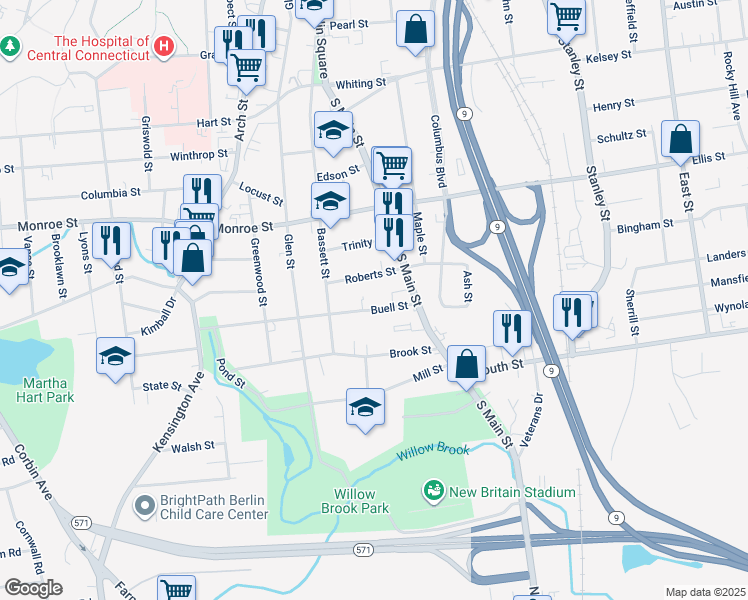 map of restaurants, bars, coffee shops, grocery stores, and more near 71 Roberts Street in New Britain