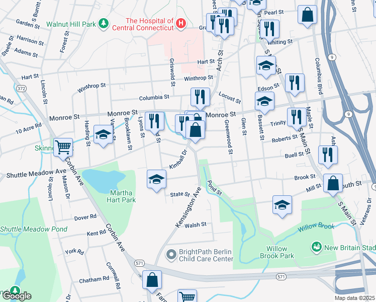 map of restaurants, bars, coffee shops, grocery stores, and more near 687 Arch Street in New Britain