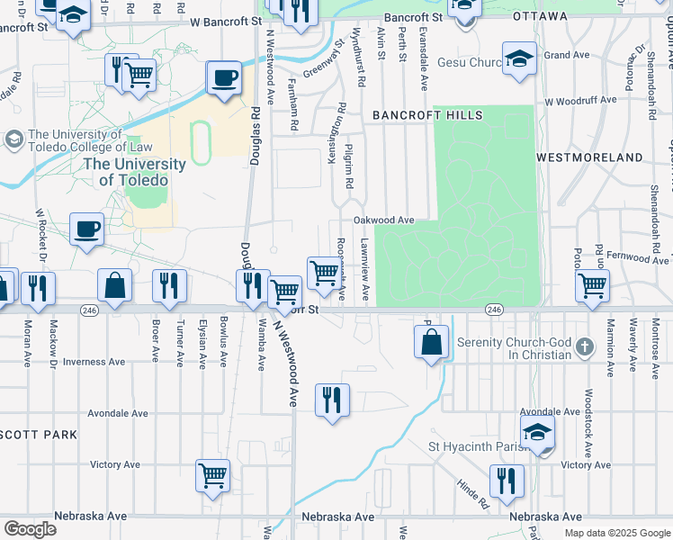 map of restaurants, bars, coffee shops, grocery stores, and more near 1520 Roosevelt Avenue in Toledo