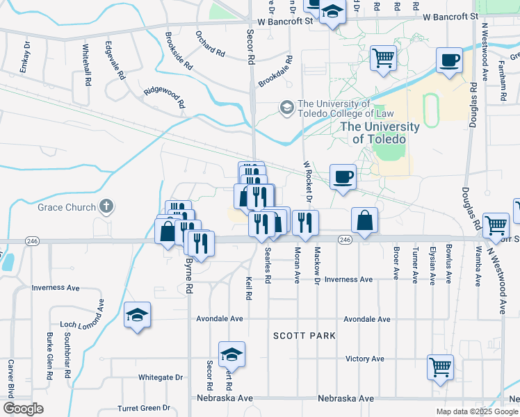 map of restaurants, bars, coffee shops, grocery stores, and more near 1473 Secor Road in Toledo