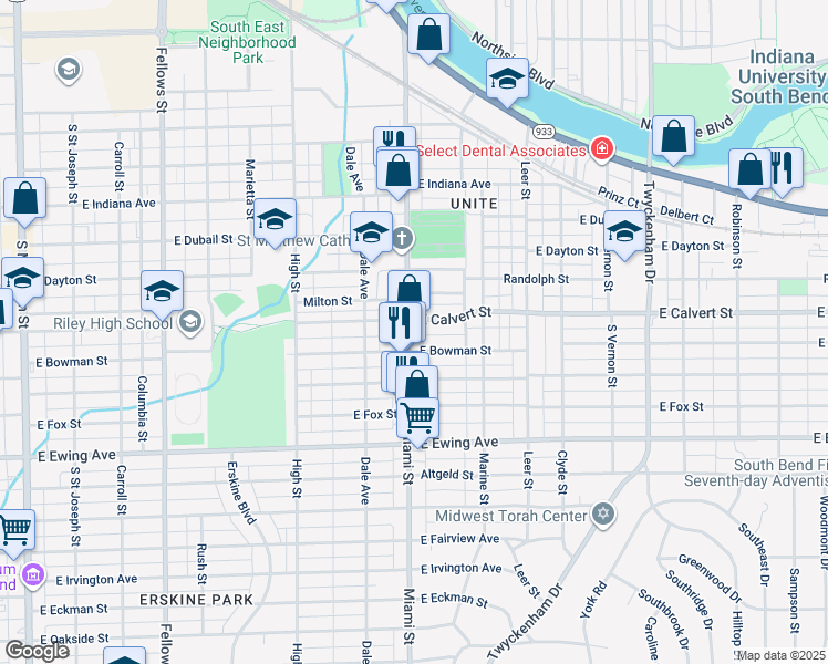 map of restaurants, bars, coffee shops, grocery stores, and more near in South Bend