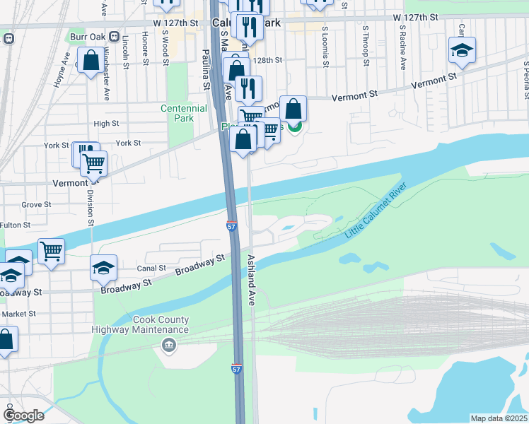 map of restaurants, bars, coffee shops, grocery stores, and more near 13153 South Ashland Avenue in Calumet Park