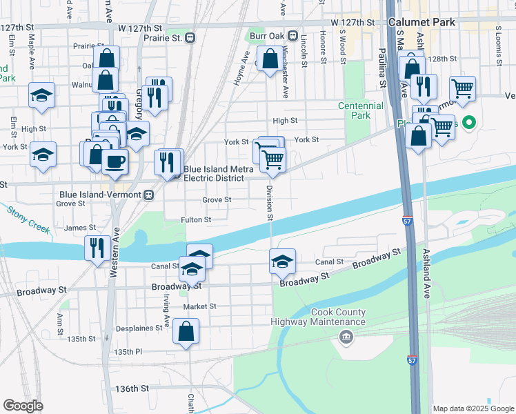 map of restaurants, bars, coffee shops, grocery stores, and more near 2002 Grove Street in Blue Island