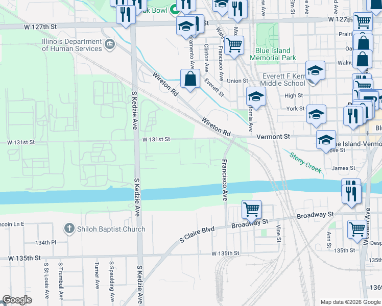 map of restaurants, bars, coffee shops, grocery stores, and more near 13111 Sacramento Avenue in Blue Island