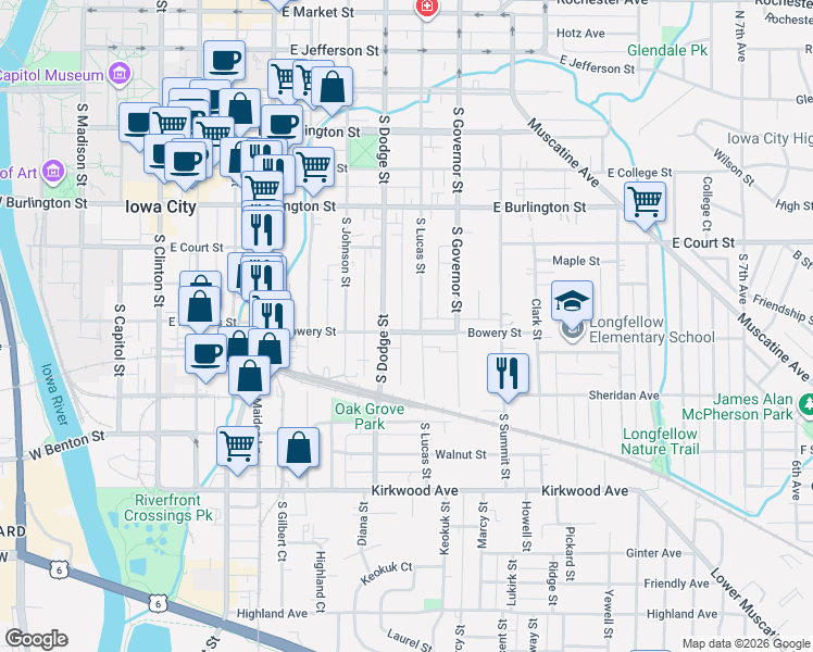 map of restaurants, bars, coffee shops, grocery stores, and more near 516 South Dodge Street in Iowa City