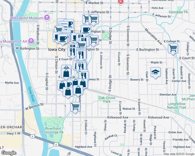 map of restaurants, bars, coffee shops, grocery stores, and more near 516 South Van Buren Street in Iowa City
