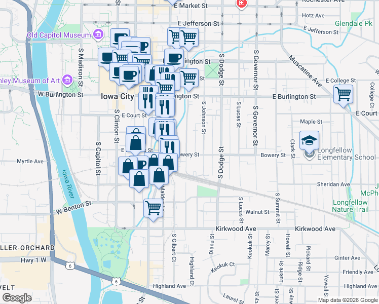 map of restaurants, bars, coffee shops, grocery stores, and more near 516 South Van Buren Street in Iowa City