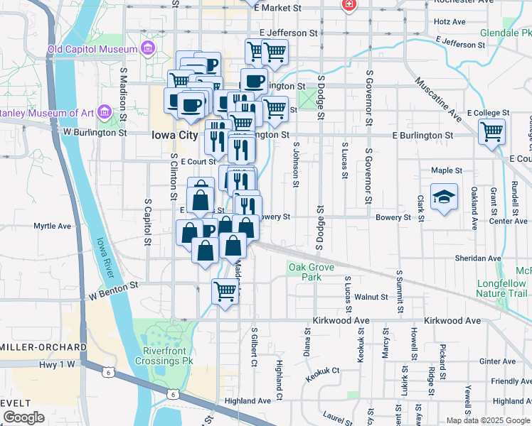 map of restaurants, bars, coffee shops, grocery stores, and more near 516 South Van Buren Street in Iowa City