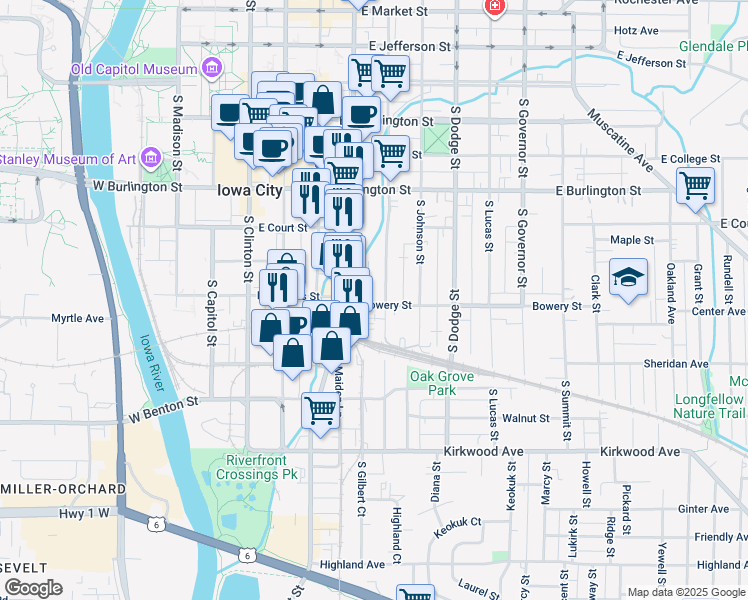 map of restaurants, bars, coffee shops, grocery stores, and more near 16 South Gilbert Street in Iowa City