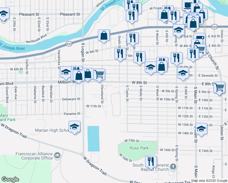 map of restaurants, bars, coffee shops, grocery stores, and more near 717 Smith Street in Mishawaka