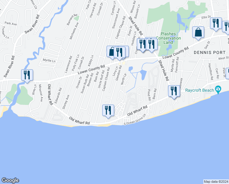 map of restaurants, bars, coffee shops, grocery stores, and more near 58 Glendon Road in Dennis
