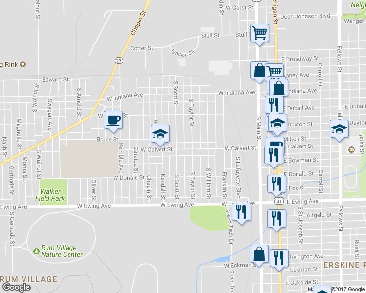 map of restaurants, bars, coffee shops, grocery stores, and more near 613 West Calvert Street in South Bend