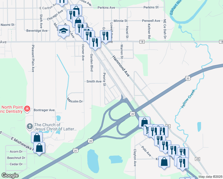 map of restaurants, bars, coffee shops, grocery stores, and more near 3029 South Main Street in Elkhart