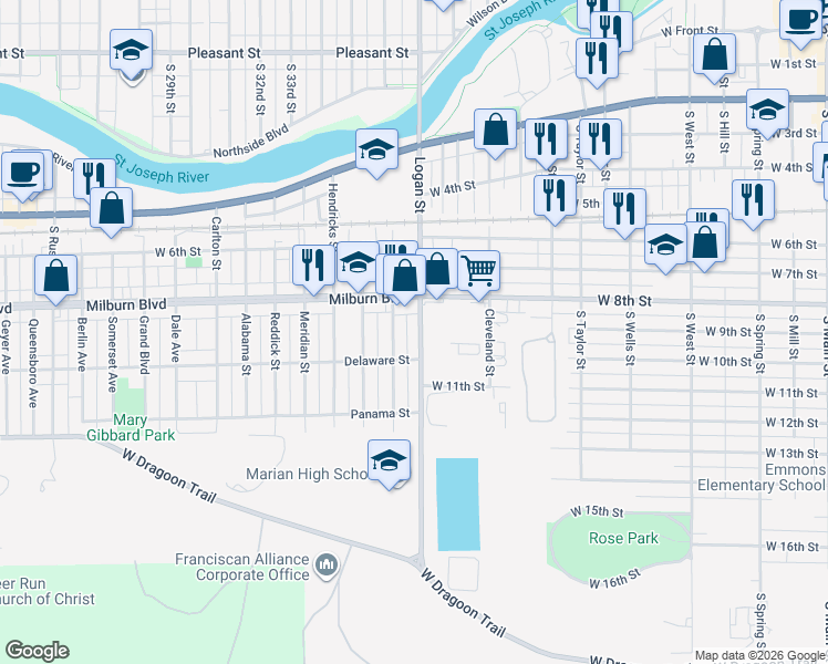 map of restaurants, bars, coffee shops, grocery stores, and more near 702 South Logan Street in Mishawaka