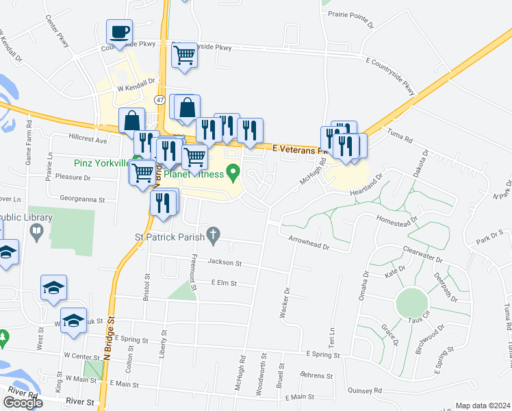 map of restaurants, bars, coffee shops, grocery stores, and more near 446 Landmark Avenue in Yorkville