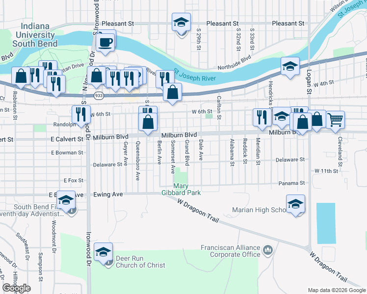 map of restaurants, bars, coffee shops, grocery stores, and more near 702 Somerset Avenue in Mishawaka