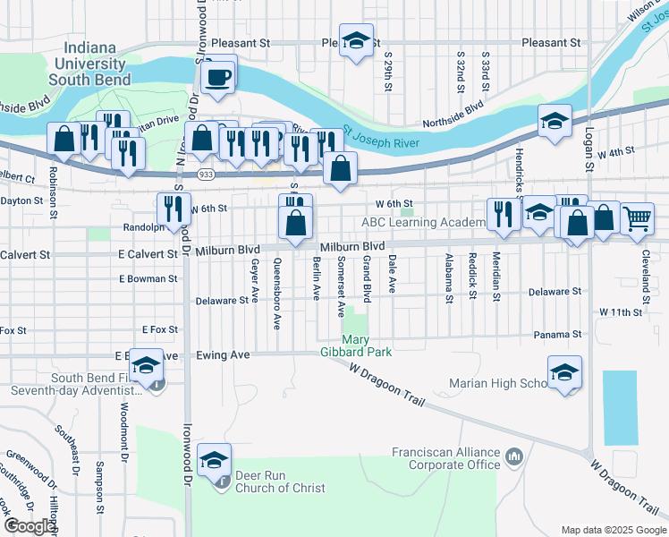 map of restaurants, bars, coffee shops, grocery stores, and more near 702 Somerset Avenue in Mishawaka