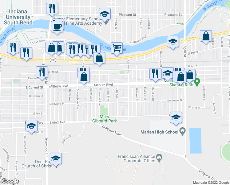 map of restaurants, bars, coffee shops, grocery stores, and more near 727 Dale Avenue in Mishawaka