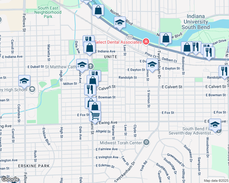 map of restaurants, bars, coffee shops, grocery stores, and more near 1914 Marine Street in South Bend