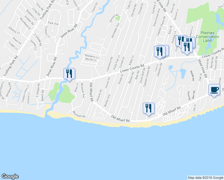 map of restaurants, bars, coffee shops, grocery stores, and more near 30 Shirley Avenue in Dennis