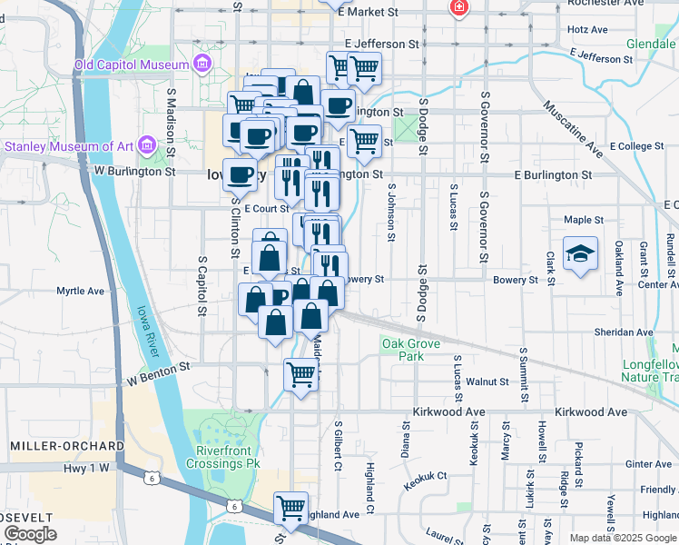 map of restaurants, bars, coffee shops, grocery stores, and more near 538 South Gilbert Street in Iowa City