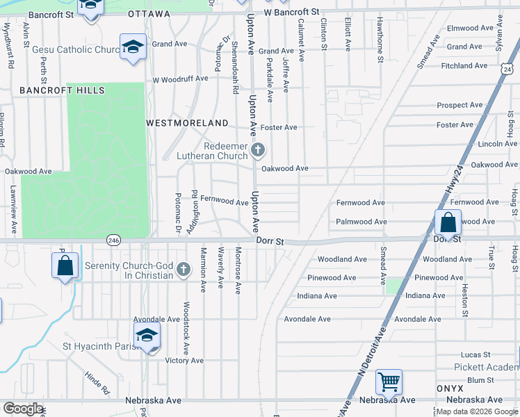map of restaurants, bars, coffee shops, grocery stores, and more near 1850 Fernwood Avenue in Toledo