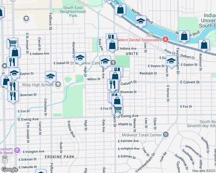 map of restaurants, bars, coffee shops, grocery stores, and more near 1002 Milton Street in South Bend