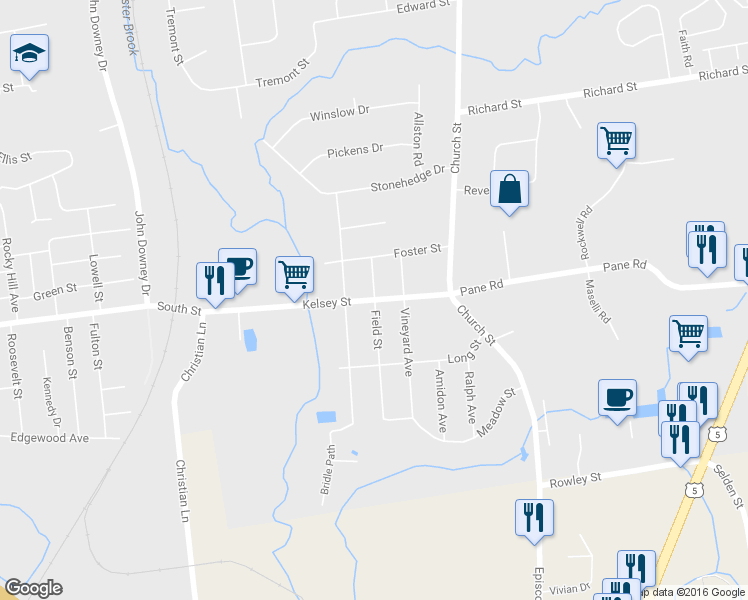 map of restaurants, bars, coffee shops, grocery stores, and more near 64 Kelsey Street in Newington