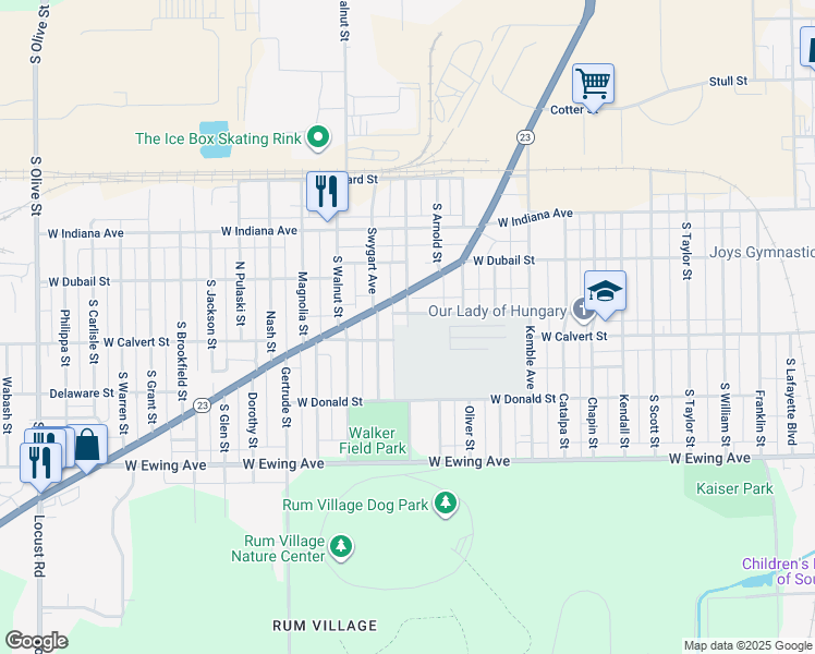 map of restaurants, bars, coffee shops, grocery stores, and more near Webster Street in South Bend