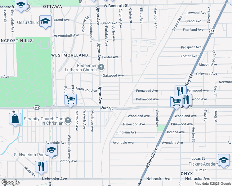 map of restaurants, bars, coffee shops, grocery stores, and more near 1804 Fernwood Avenue in Toledo