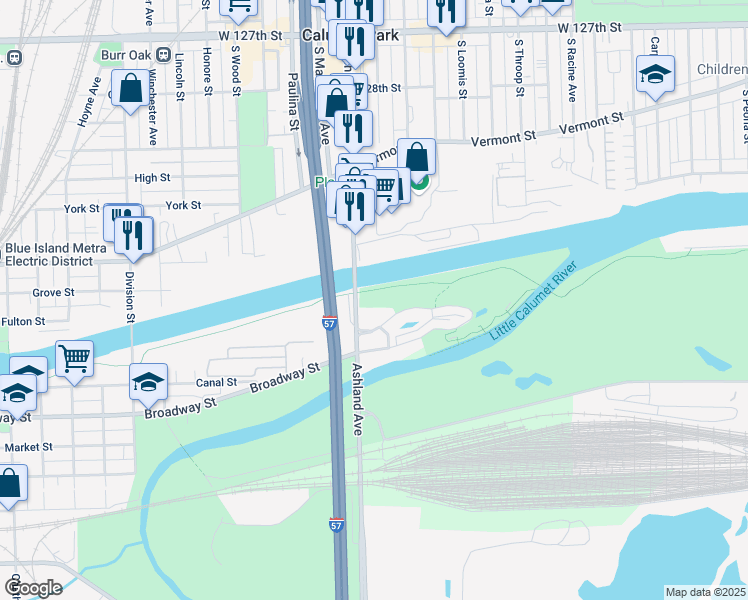 map of restaurants, bars, coffee shops, grocery stores, and more near 1546 West Water Street in Blue Island