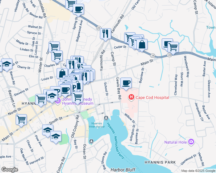 map of restaurants, bars, coffee shops, grocery stores, and more near 163 Main Street in Barnstable